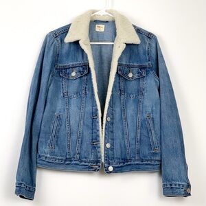 Gap denim sherpa jacket medium wash blue cotton denim faux sherpa collar small